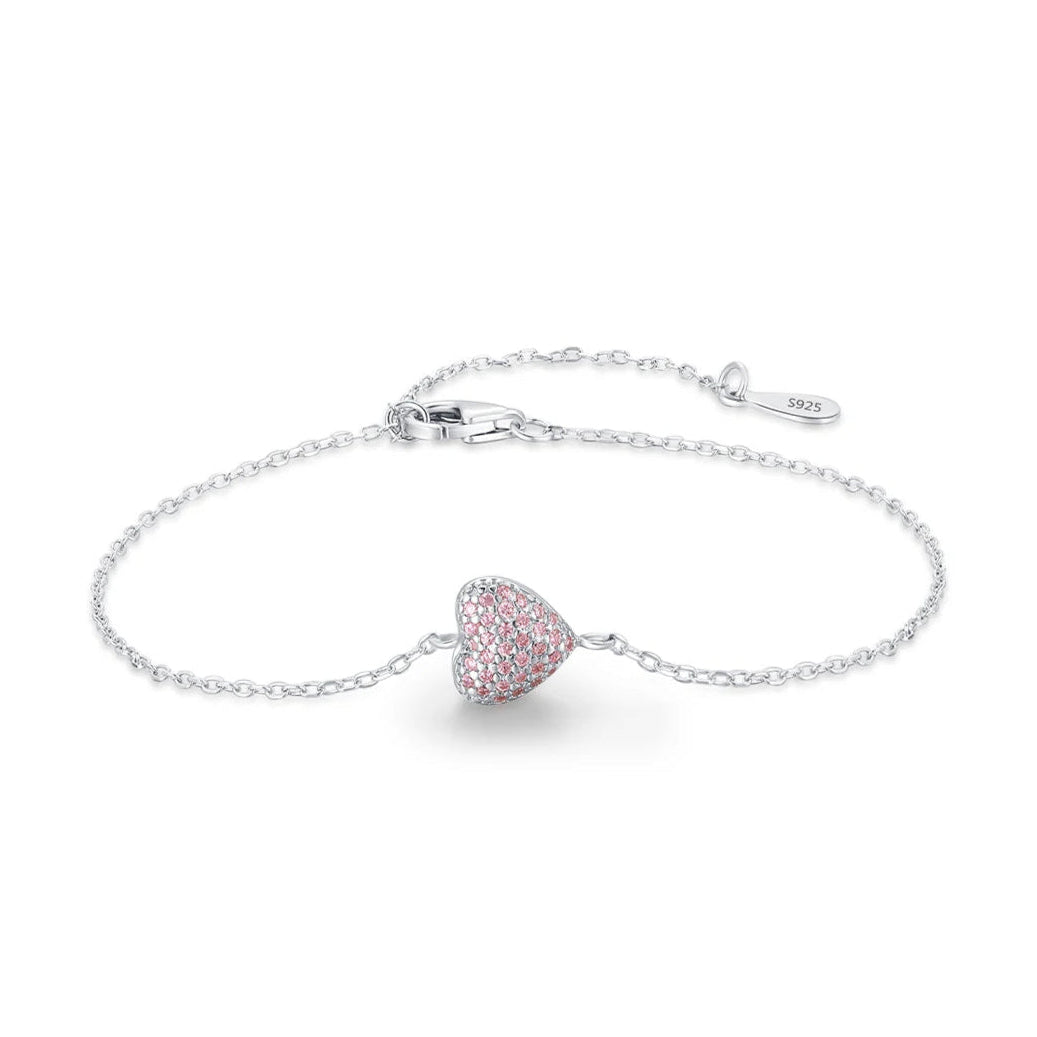 Pulseira Coração Rosa Prata 925