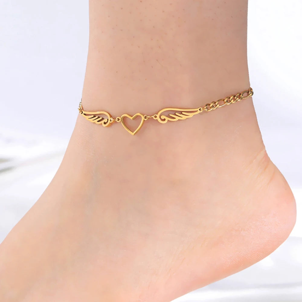 Skyrim tornozeleira de aço inoxidável para mulheres meninas coração asas de anjo pingente figaro corrente perna tornozelo pulseira acessórios de praia presente
